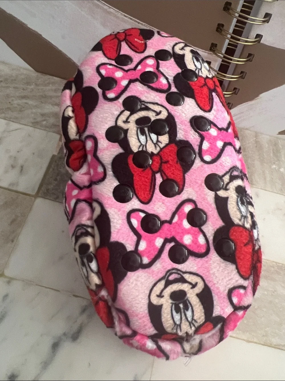 Disney Pink Minnie Mouse Plush Indoor Slippers with Red Accents